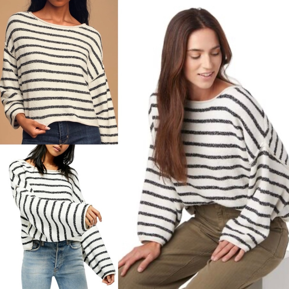 Free People Bardot Oversized Ivory Striped Textured Cropped Spring Sweater Sz L